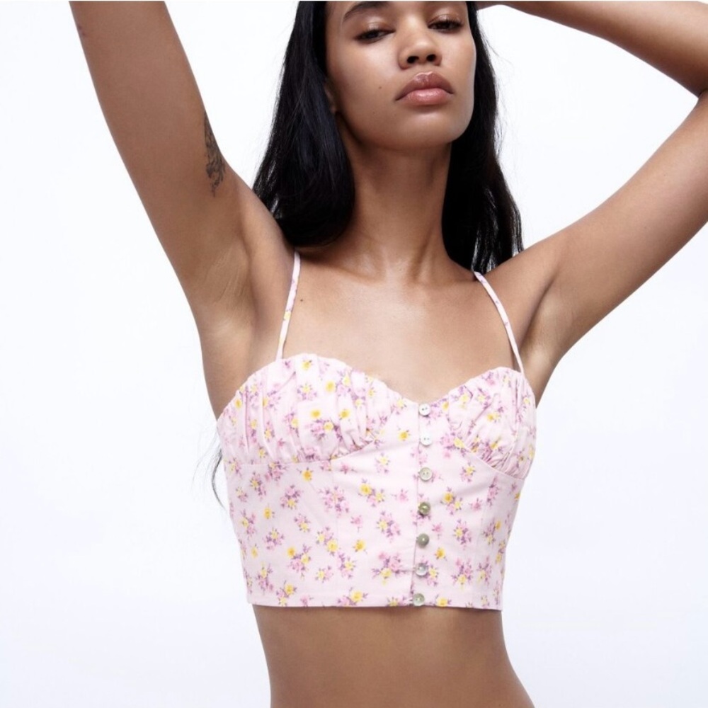 Zara Floral Linen Blend Crop Top Size Medium NWT
